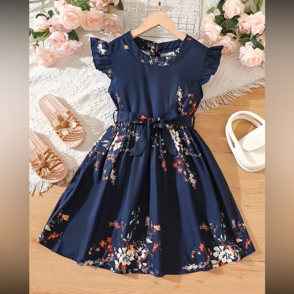A-Line Dress | ruffle sleeves | floral | SZ 9-10 | Navy Blue